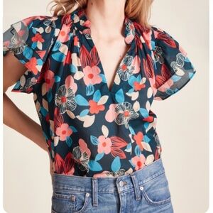 Trovata Navy Floral V-Neck Blouse with Coral & Teal Accents